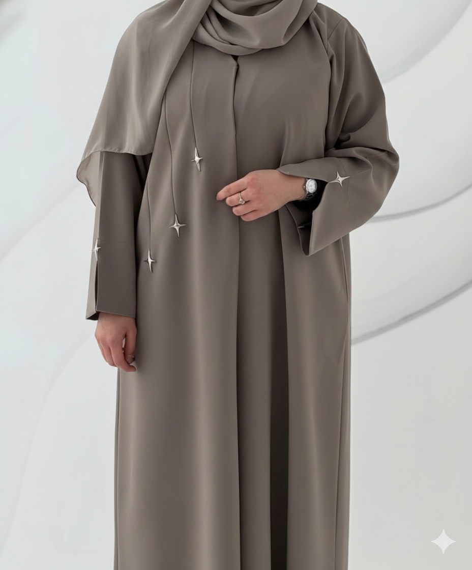 Elegant Taupe Star-Embellished Abaya with Matching Hijab