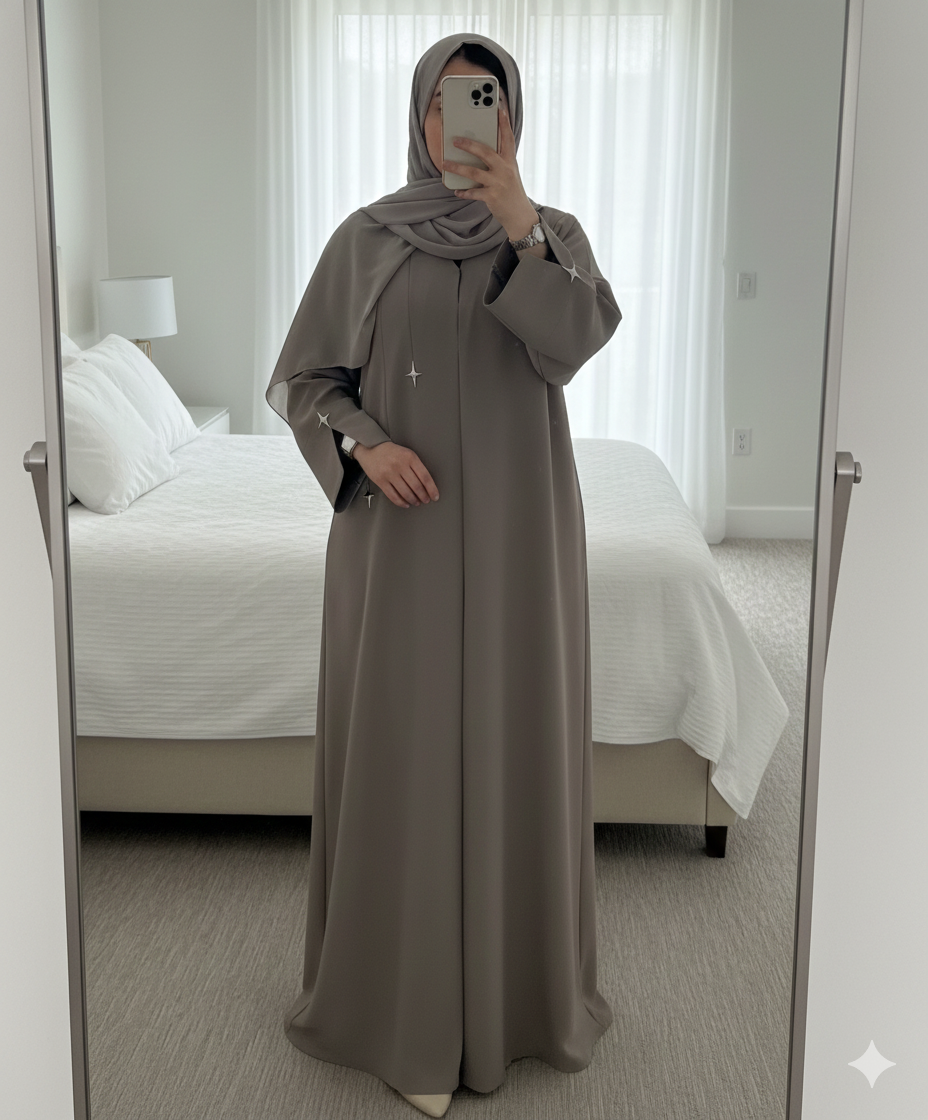 Elegant Taupe Star-Embellished Abaya with Matching Hijab